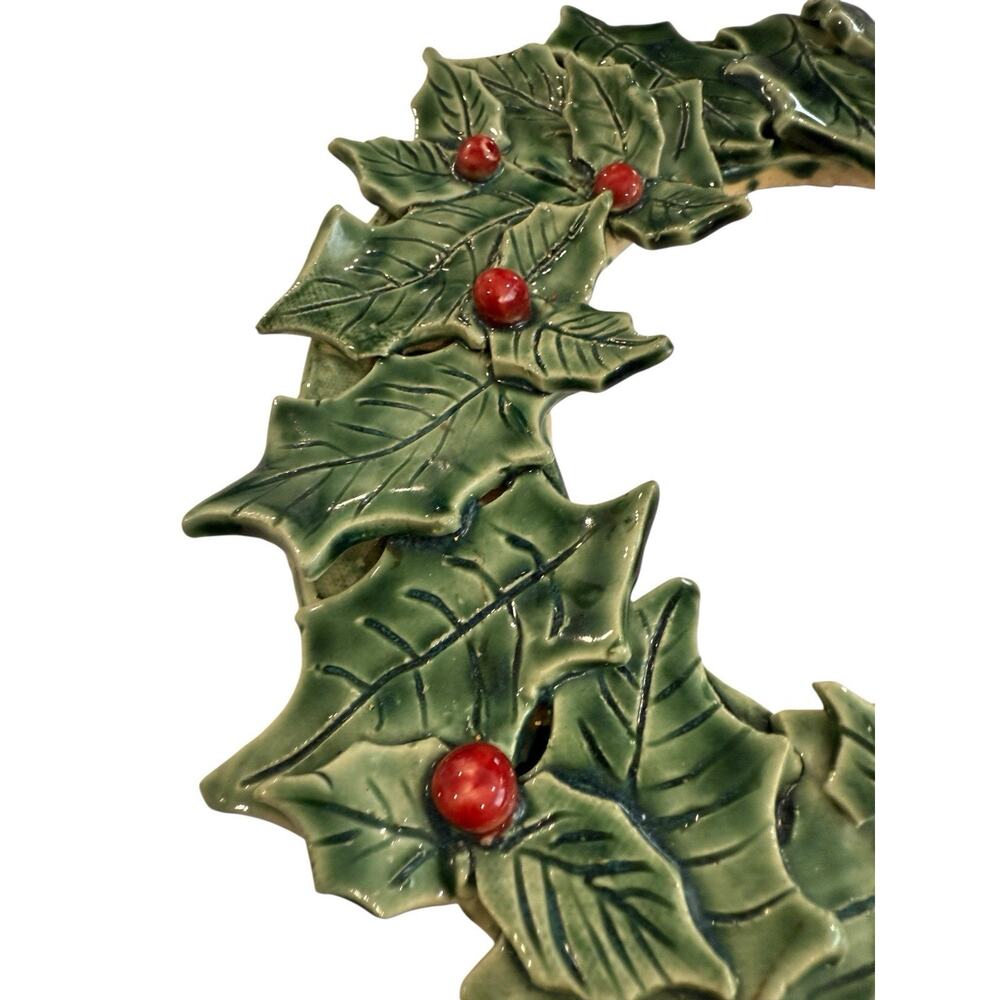 Handmade Pottery Holly Wreath 3D Decor Christmas Holiday 10” Studio - Picture 2 of 9